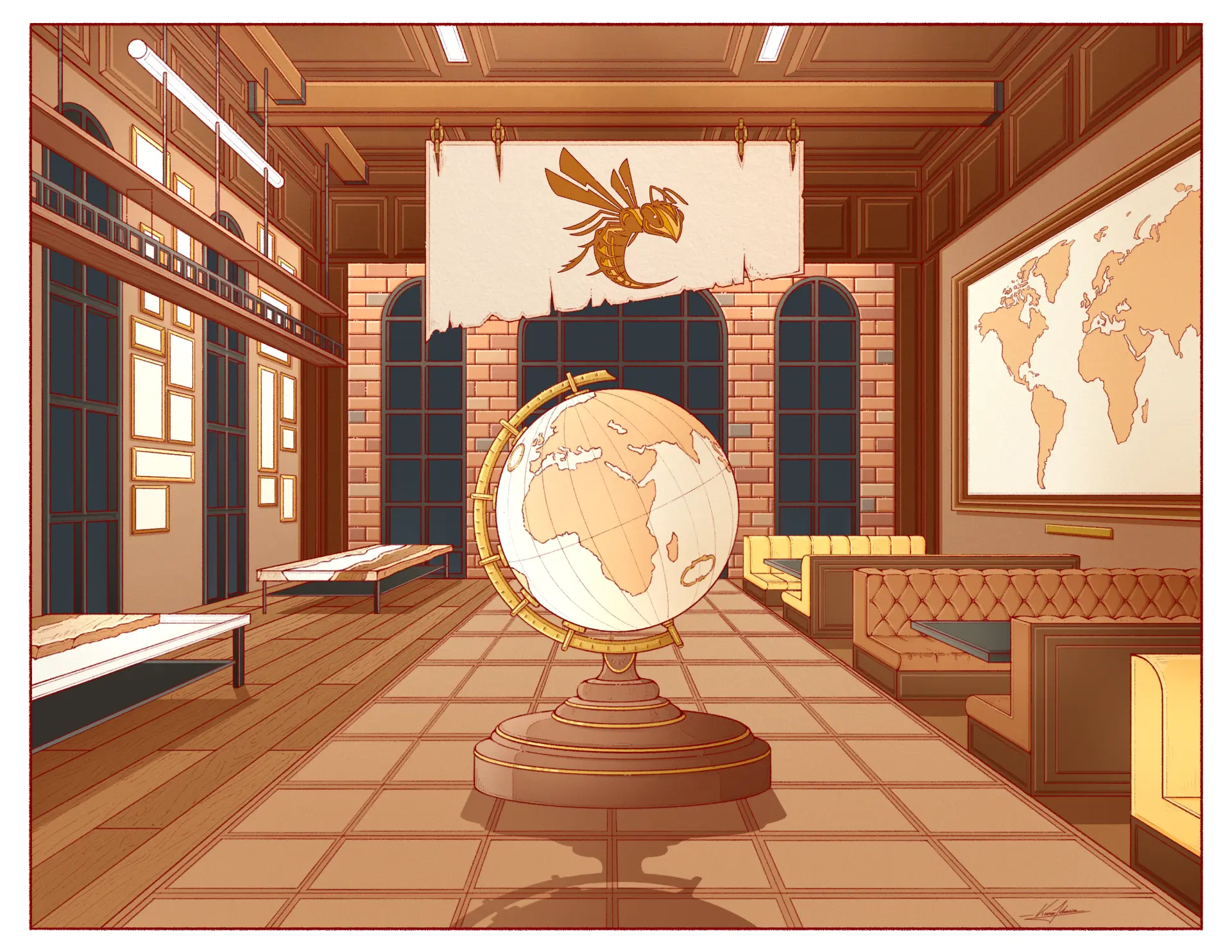 The Hideaway — an interior illustration of a globe in a high-ceilinged lounge, the cover artwork for The Creation Collection