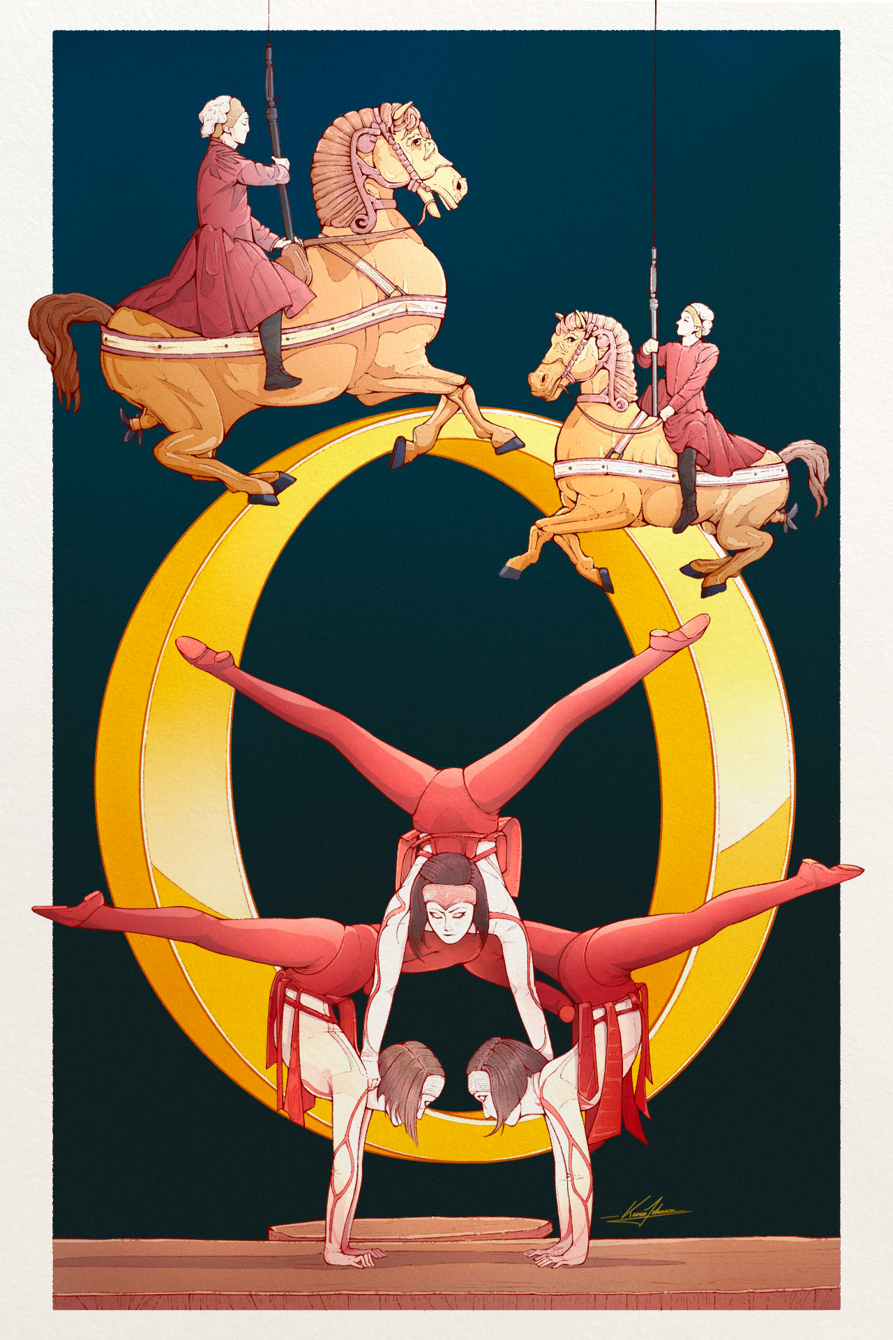 Illustration for O featuring an acrobatic trio posed within a golden ring