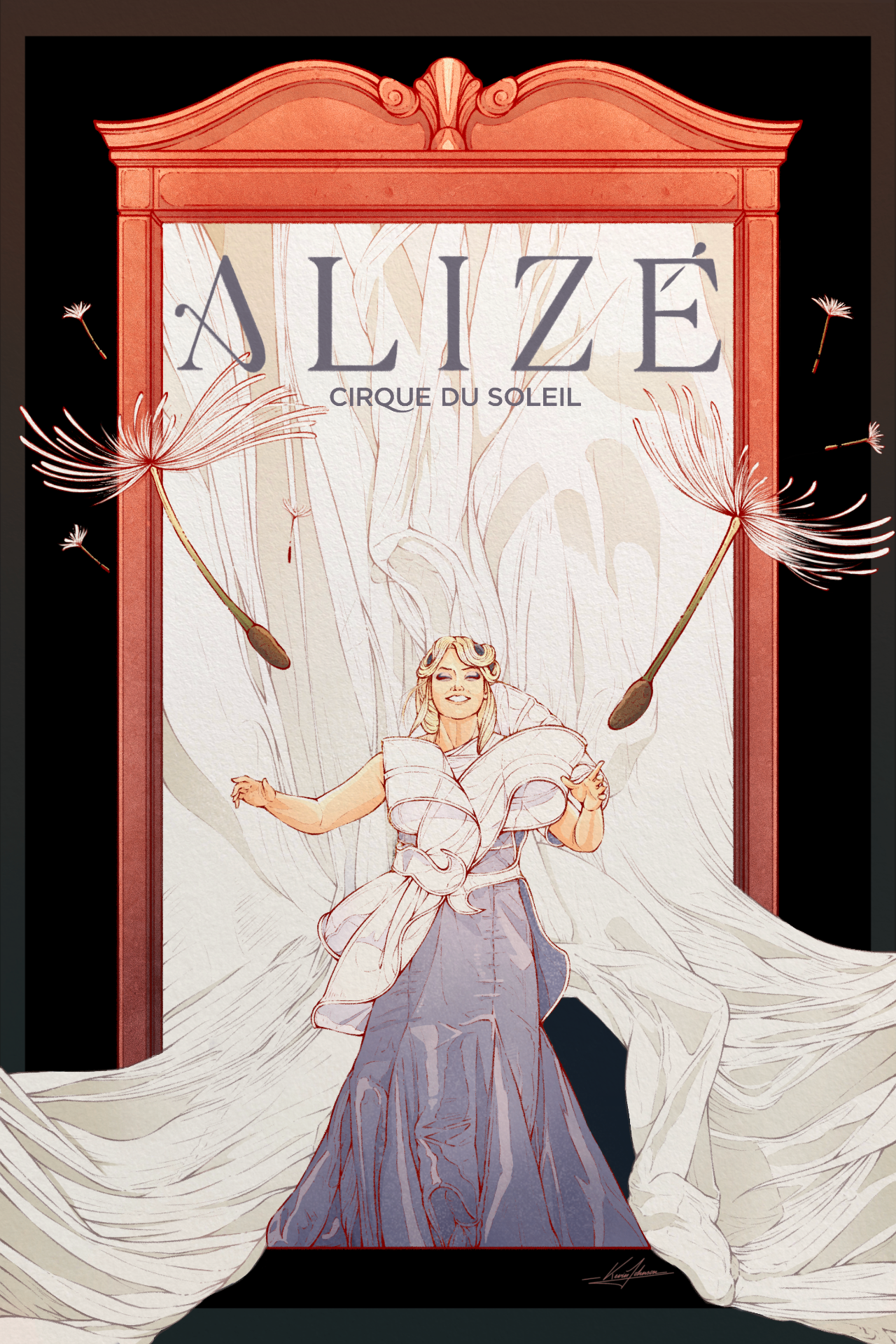 Illustration for Alizé featuring a performer framed by drifting dandelion forms
