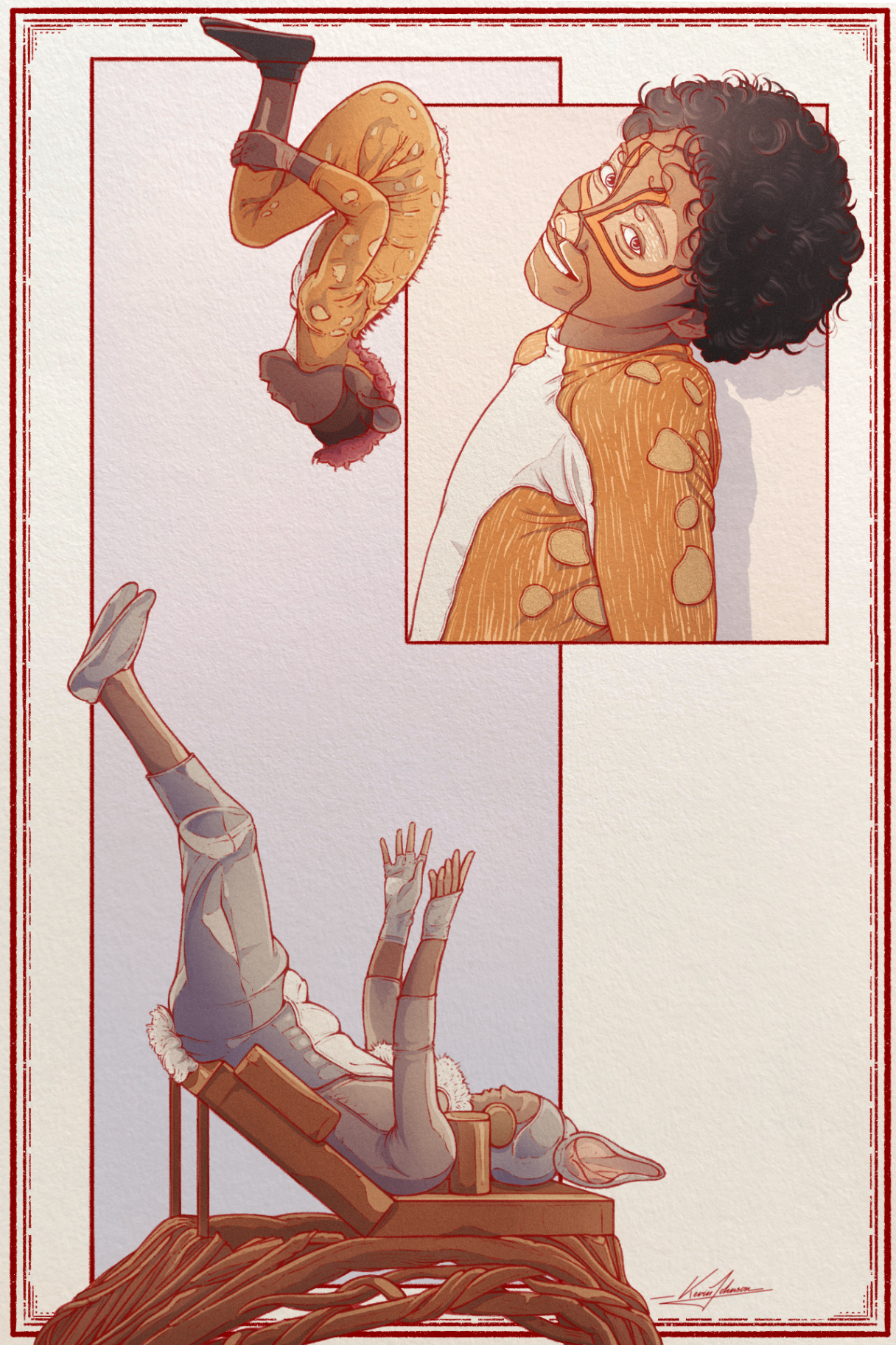 Illustration of icarian acrobats balancing and tumbling in warm tones