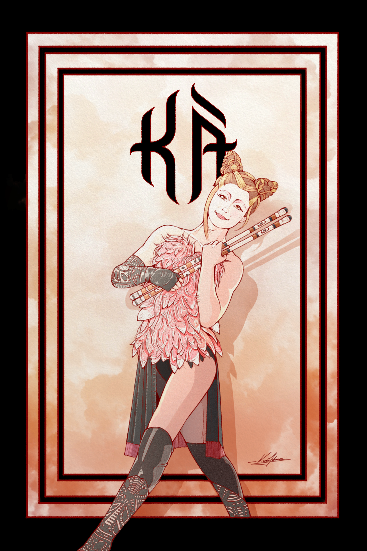Illustration of the Chief Archer's Daughter from KA holding bo staffs in a feathered costume