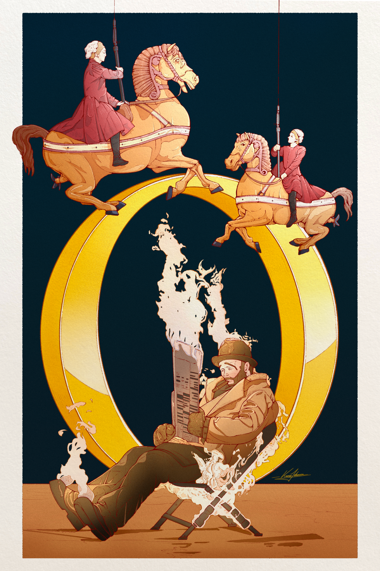 Illustration for O featuring carousel horses above a golden ring and a figure with fire