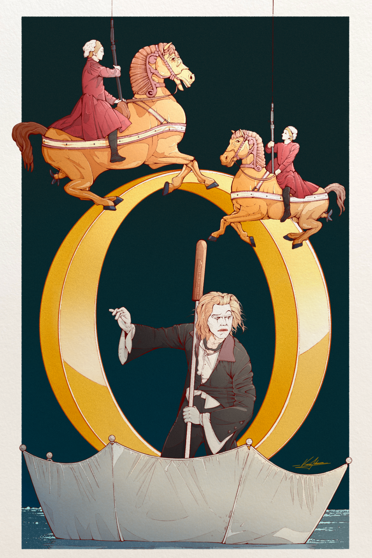 Illustration for O featuring a boatman framed by a golden ring