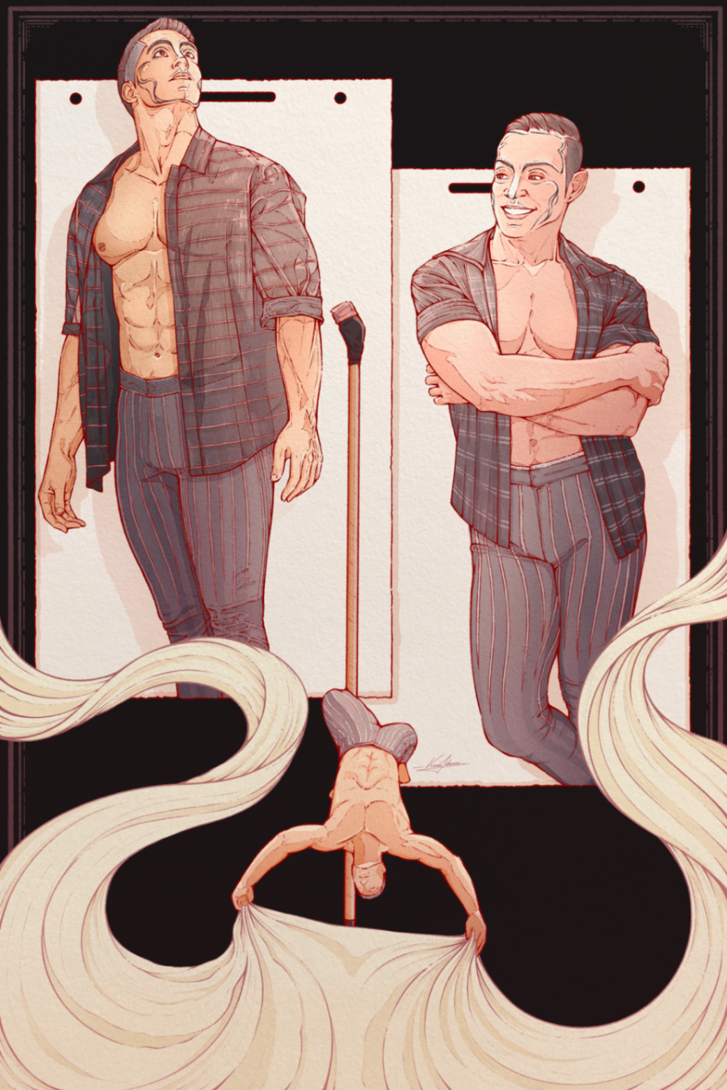Figure study illustration featuring two posed performers and a hand-balancing acrobat