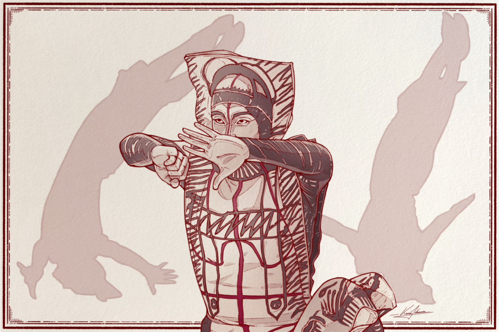 Illustration of a rhythmic performer in headdress with dancing shadows behind