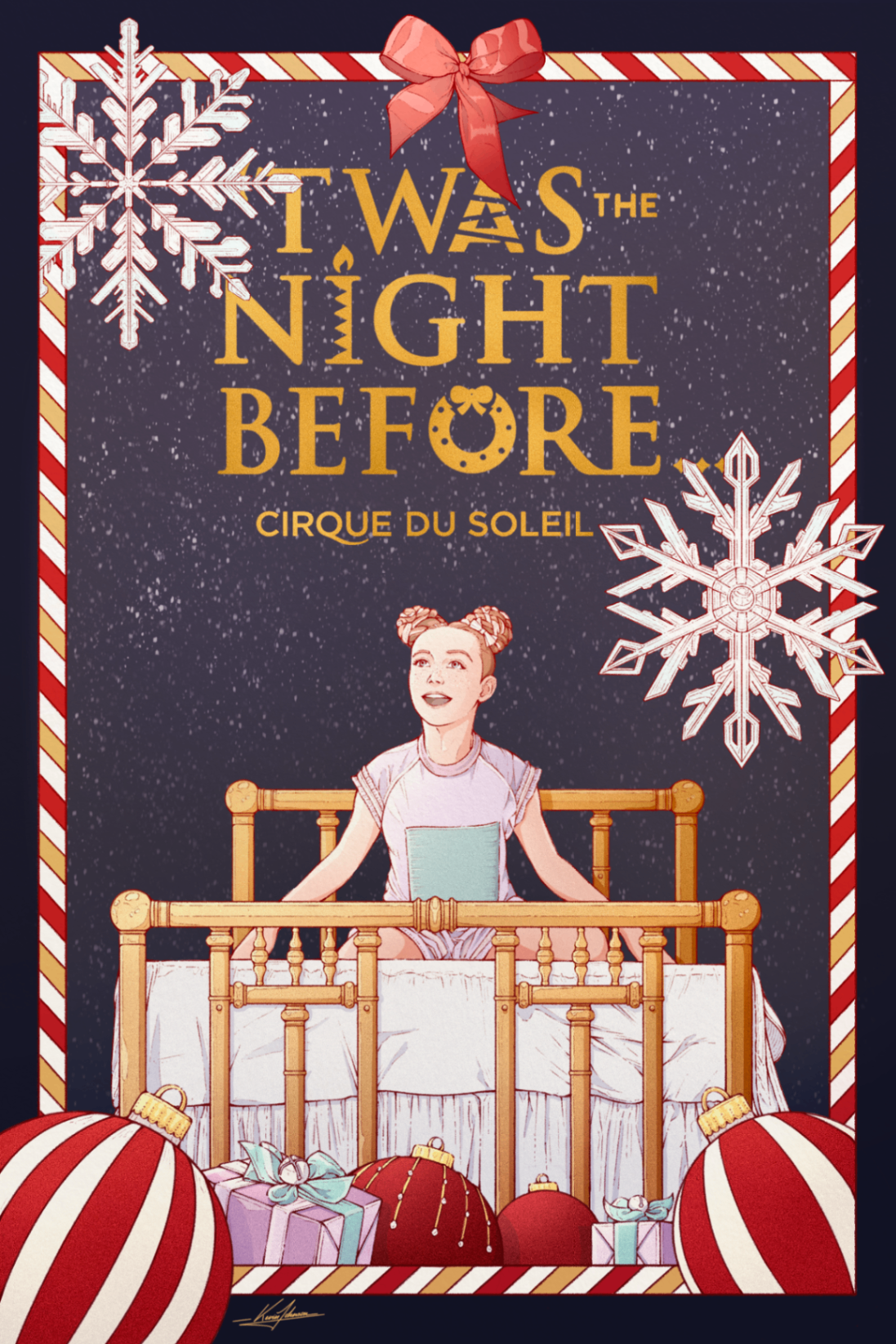 Illustration for Twas the Night Before featuring a child in bed with holiday ornaments