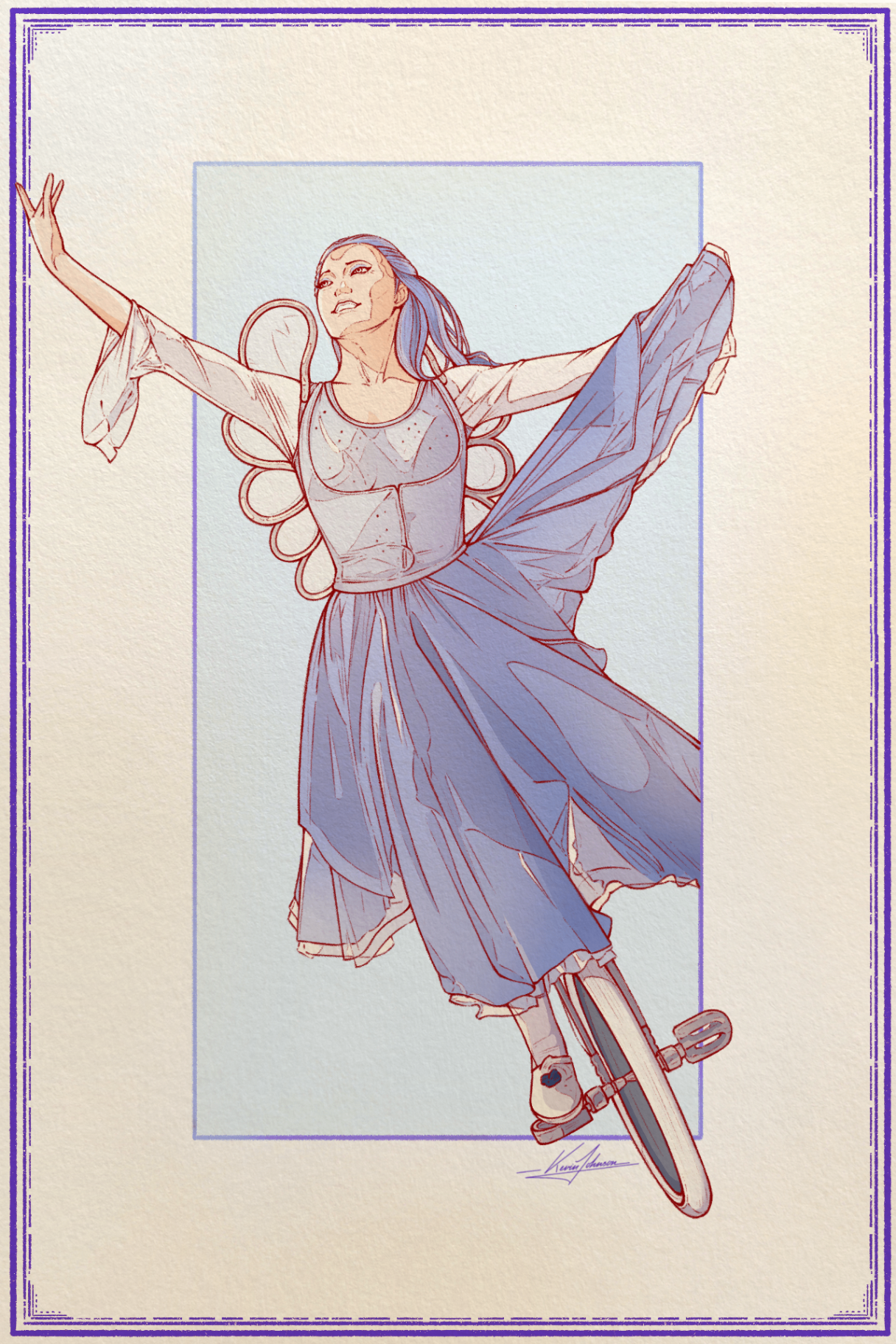 Illustration of a winged performer on a unicycle with flowing blue fabric