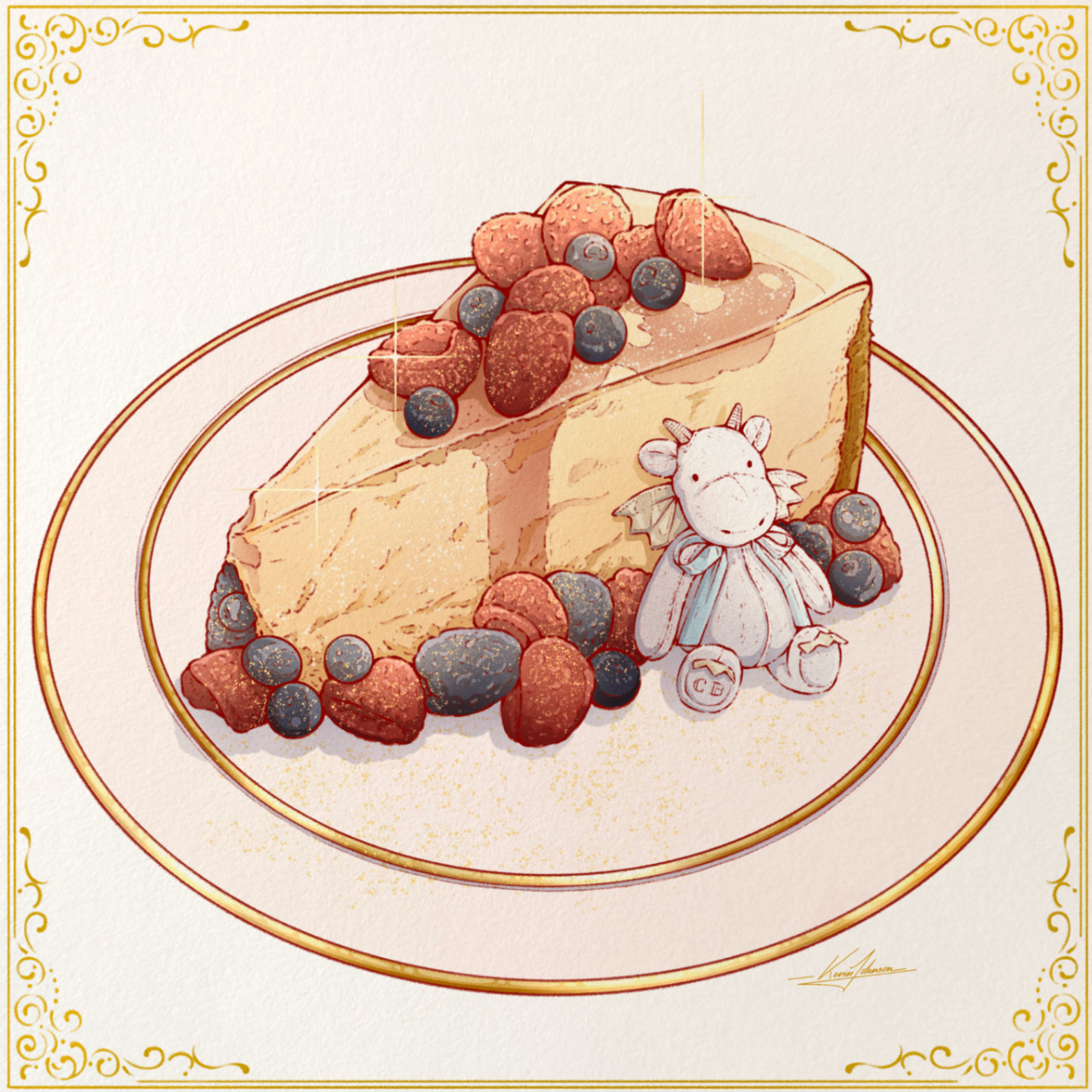 Illustration of a slice of cake with berries on a plated dessert
