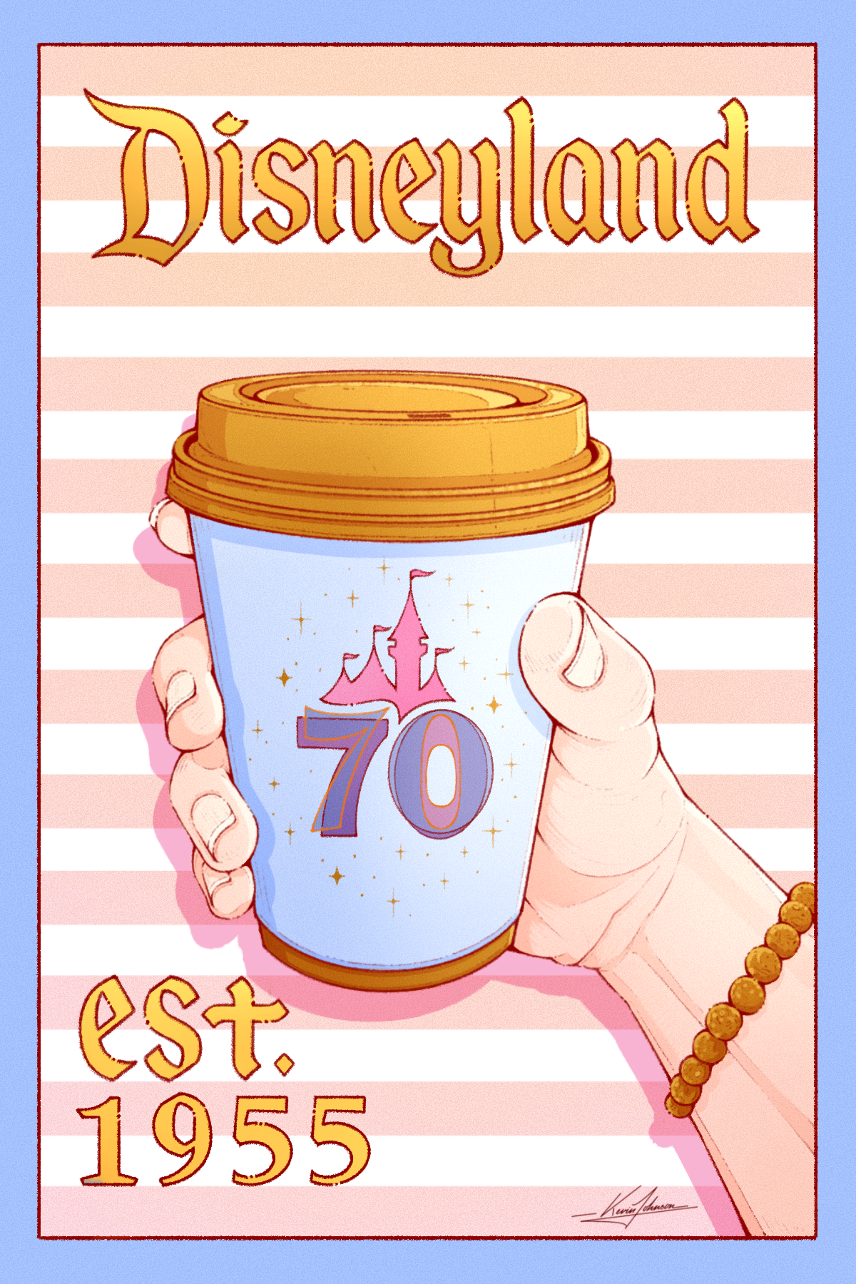 Illustration of a hand holding a Disneyland 70th anniversary coffee cup against pink stripes