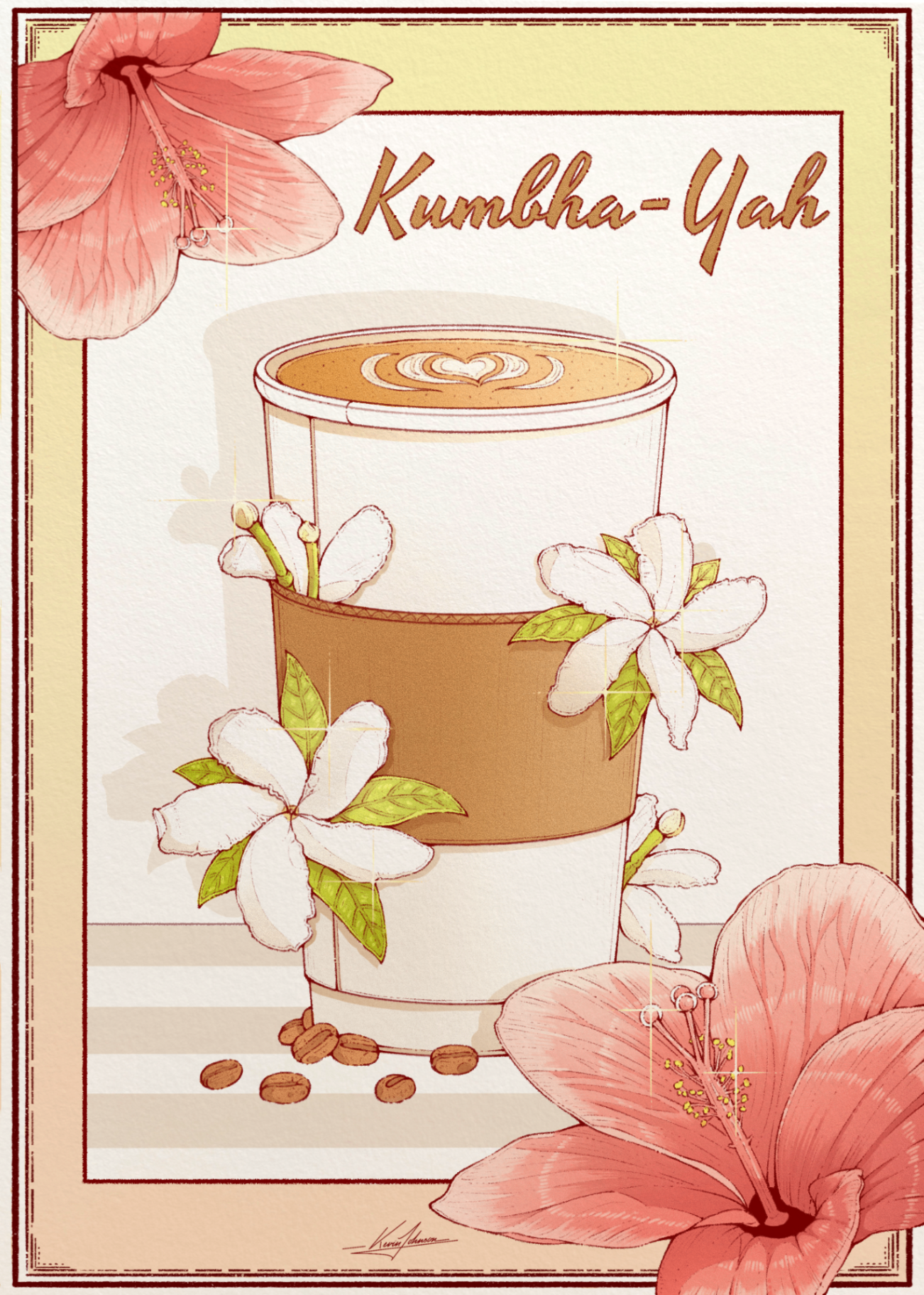 Illustration for Kumbha-Yah featuring a floral latte composition
