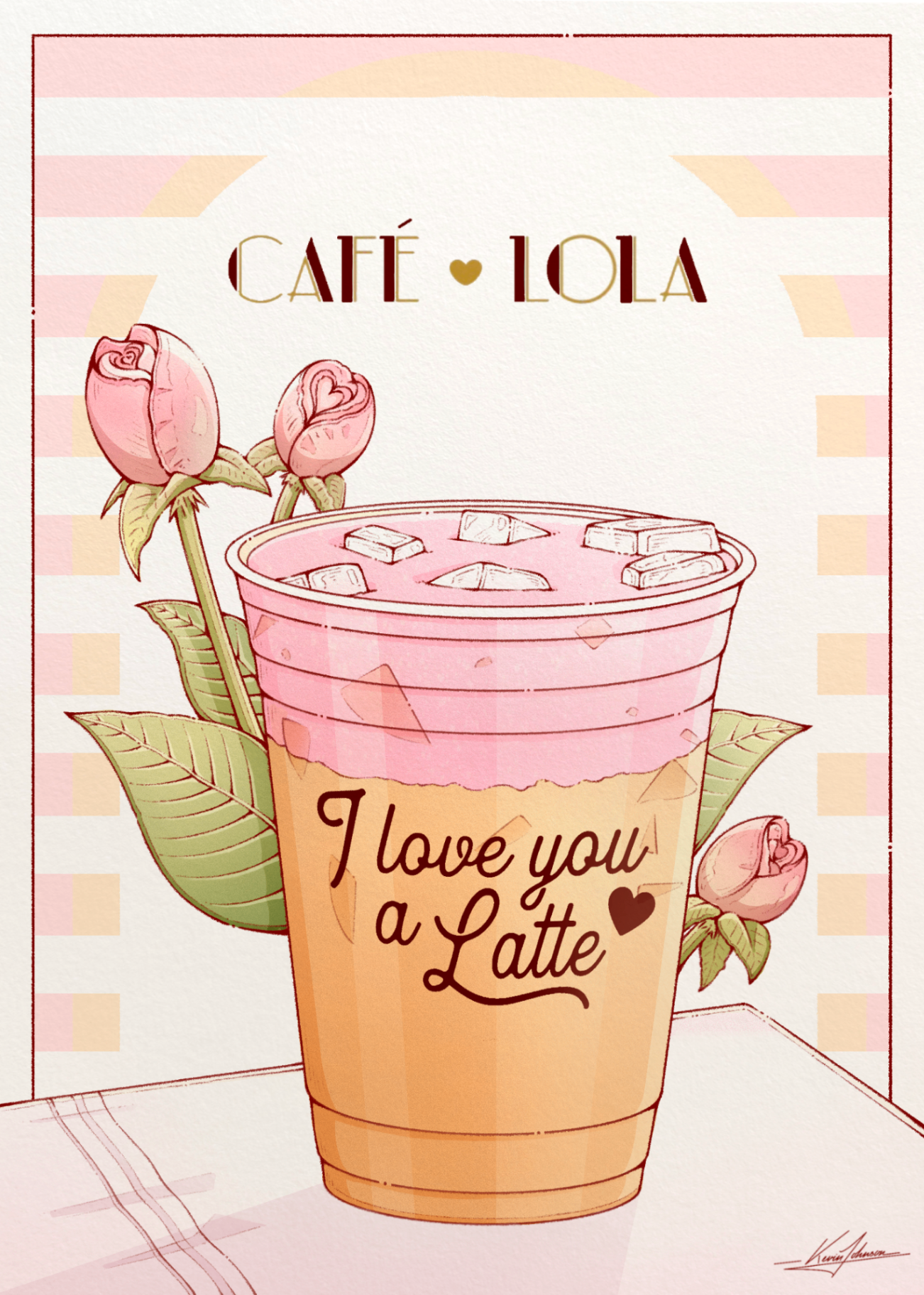 Illustration for Café Lola featuring a pink iced drink with roses