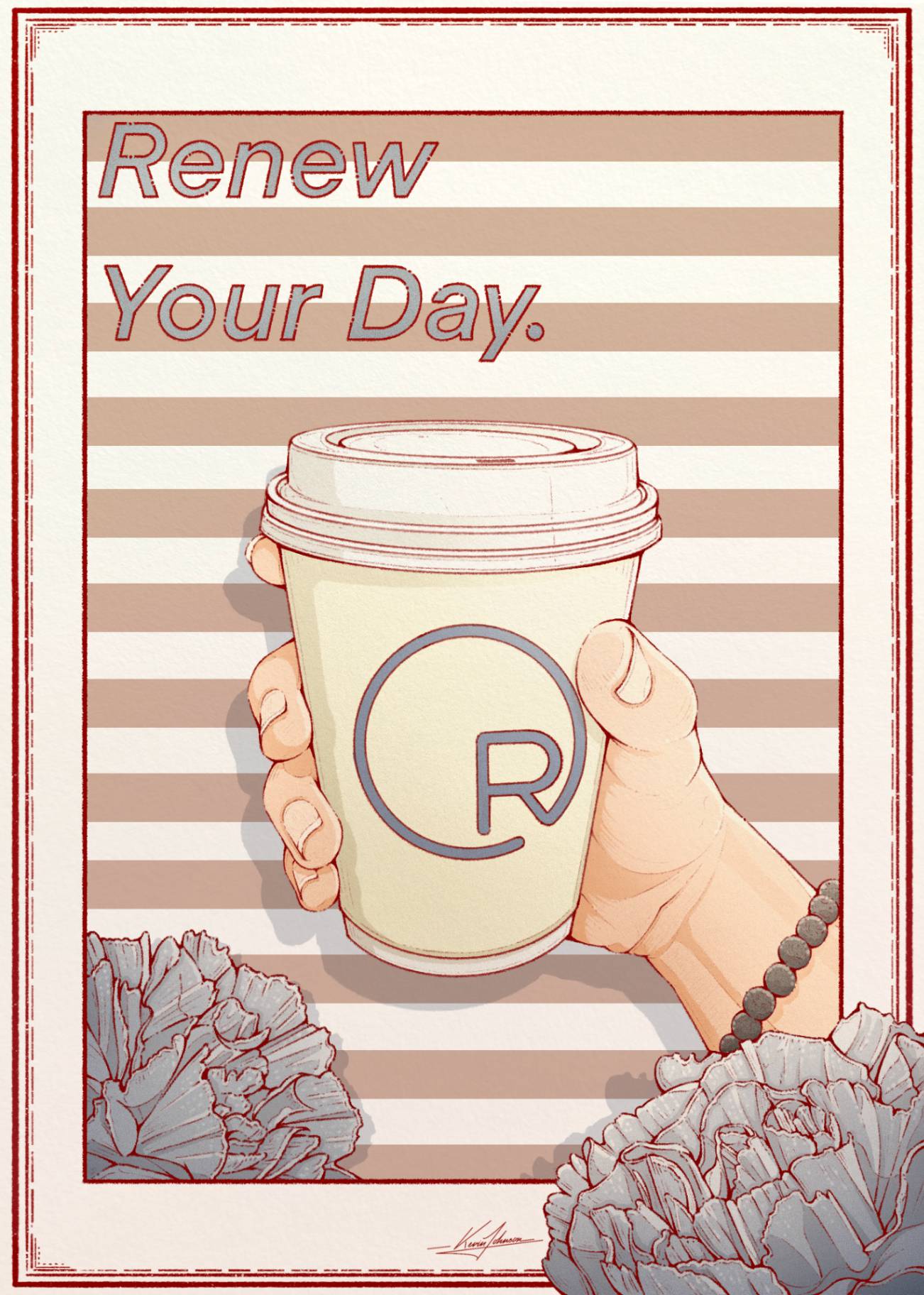 Illustration reading Renew Your Day with a takeaway coffee cup