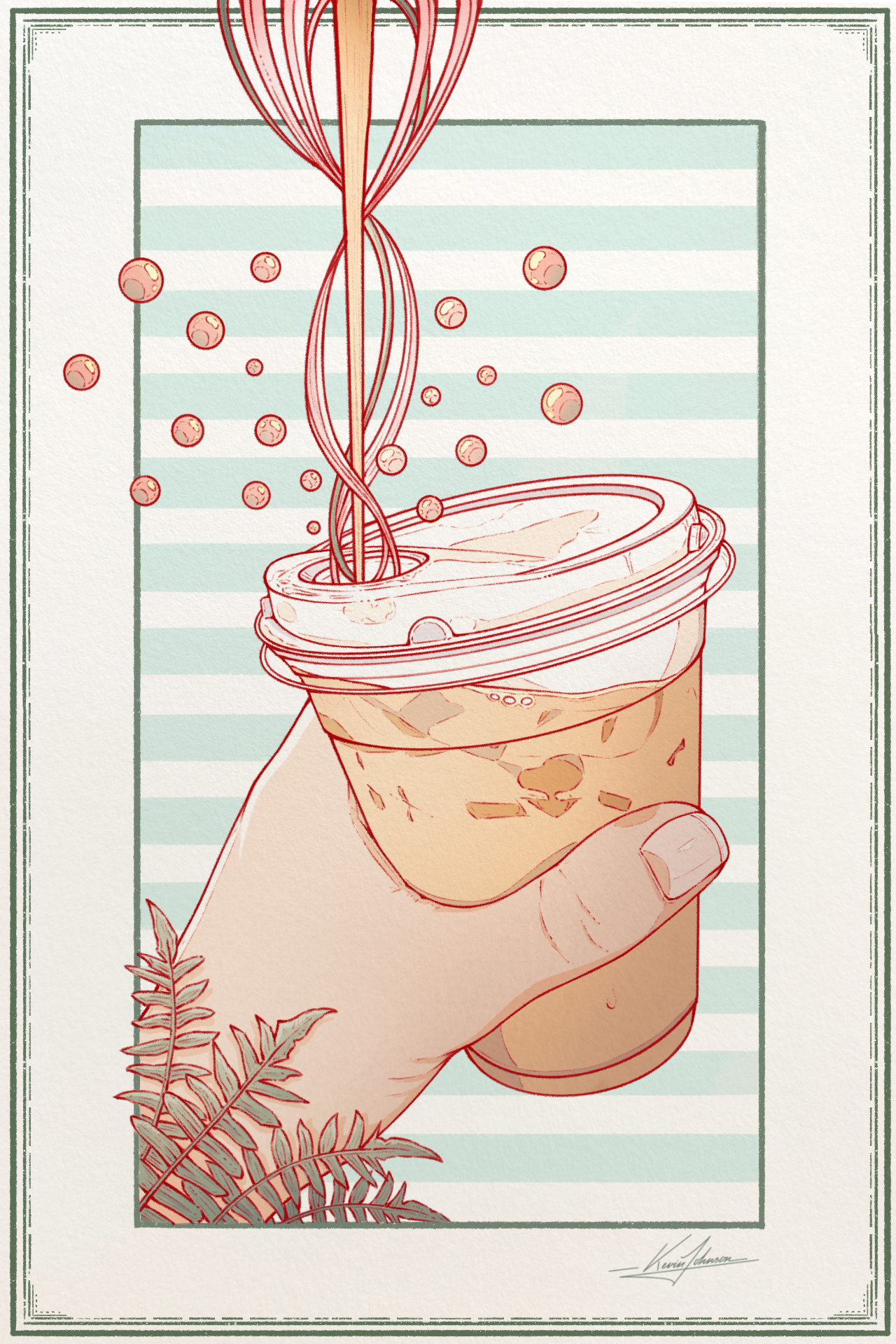 Illustration of an iced coffee being stirred with botanical accents